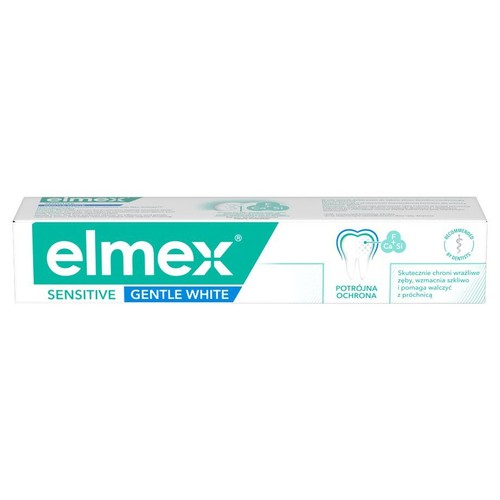 Opakowanie pasty do zębów Elmex Sensitive Gentle White. Zapewnia potrójną ochronę, skutecznie chroni wrażliwe zęby, wzmacnia szkliwo i pomaga walczyć z próchnicą. Rekomendowana przez dentystów.