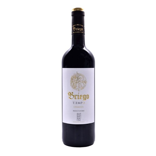 Ciemna butelka wina Briego T:EMPO Crianza, z białą etykietą ozdobioną złotym, stylizowanym herbem i nazwą "Briego". Na etykiecie widnieje również "Produkt Hiszpanii" oraz "Ribera del Duero". Szyjka butelki ma złotą folię.