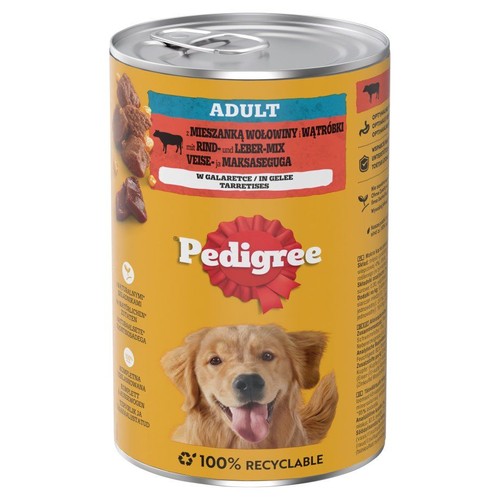 Puszka karmy Pedigree Adult dla psów, mieszanka wołowiny i wątróbki w galaretce. Na etykiecie pies rasy Golden Retriever.