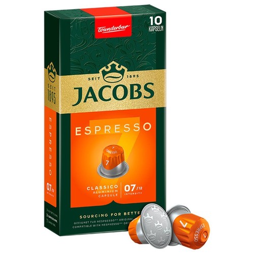 Jacobs Espresso Classico, 10 aluminiowych kapsułek kawy. Intensywność 7/12. Kompatybilne z systemem Nespresso Original.