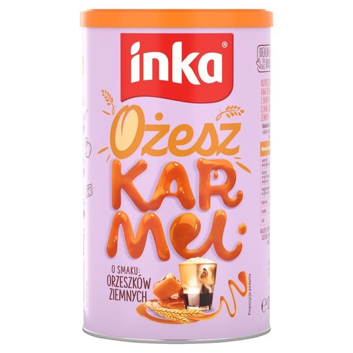 Fioletowa puszka Inka Ożesz Karmel z pomarańczową pokrywką. Na etykiecie widnieje duży napis "inka" oraz "Ożesz KARMEL" w stylizowanych literach przypominających karmel. Poniżej informacja "o smaku: orzeszków ziemnych" i ilustracja napoju z karmelem.