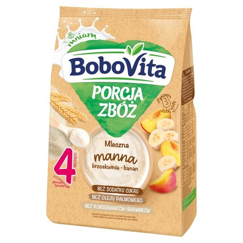 Kaszka BoboVita dla niemowląt, mleczna manna o smaku brzoskwini i banana. Bez konserwantów i barwników.