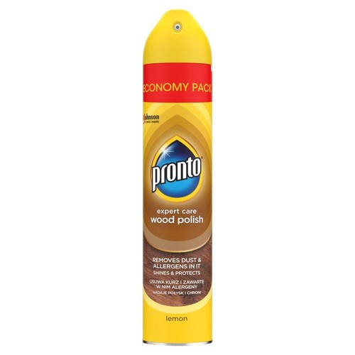 Pronto Expert Care Wood Polish, cytrynowy, w żółto-brązowej puszce. Usuwa kurz, alergeny, nadaje połysk i chroni.