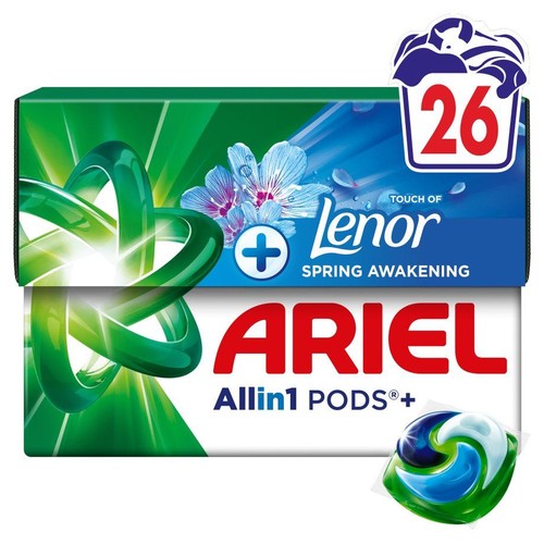 Opakowanie kapsułek do prania Ariel Allin1 PODS+ z 26 sztukami. Zapach Lenor Wiosenne Przebudzenie.