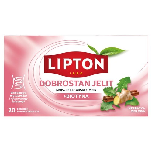 Lipton Dobrostan Jelit, herbatka ziołowa w różowo-białym opakowaniu. Z imbirem, mniszkiem lekarskim i biotyną. 20 kopertowanych torebek.