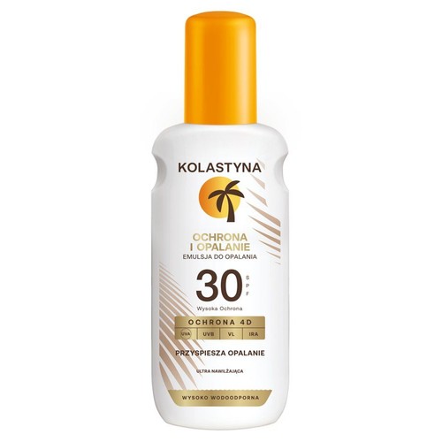 Biała butelka emulsji do opalania Kolastyna SPF 30, 150 ml, z pomarańczową nakrętką i grafiką palmy. Wysoka ochrona.