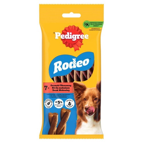 Pedigree Rodeo, 7 sztuk przysmaków dla psa z wołowiną. Opakowanie z psem i informacją o Omega 3 i witaminie E.