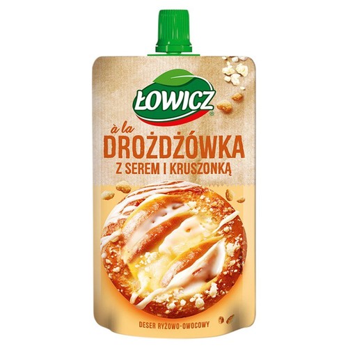 Łowicz deser ryżowo-owocowy w saszetce, smak drożdżówki z serem i kruszonką. Na opakowaniu grafika ciastka.