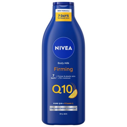 Mleczko do ciała Nivea Q10 Ujędrniające w niebieskiej butelce. Nowa formuła dla jędrniejszej skóry w 7 dni. Do skóry suchej.