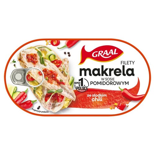 Opakowanie Graal Filety makrela w sosie pomidorowym ze słodkim chili. Na grafice makrela na pieczywie z warzywami.