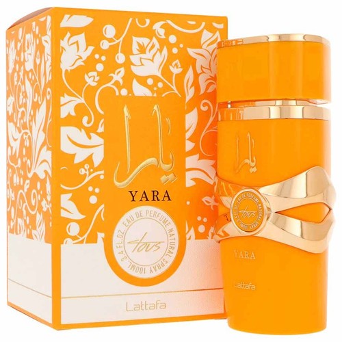 Produkt Yara Lattafa: pomarańczowy flakon perfum 100ml Eau de Parfum Natural Spray ze złotymi detalami i złotym napisem "YARA". Obok niego pomarańczowe pudełko z białymi, roślinnymi ornamentami i złotym napisem.