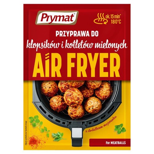 Czerwono-żółta torebka przyprawy Prymat do klopsików i kotletów mielonych AIR FRYER z majerankiem. Na grafice klopsiki w frytkownicy.