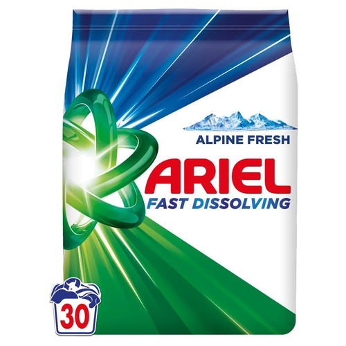 Opakowanie proszku do prania Ariel Alpine Fresh, szybko rozpuszczalny, z grafiką gór i zielonych spirali.