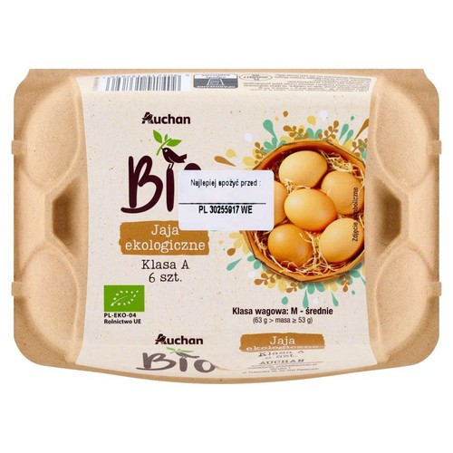 BIO Jaja ekologiczne klasa A rozmiar M          Auchan 6 sztuk