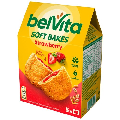 Żółte opakowanie belVita Soft Bakes Strawberry z grafiką dwóch ciastek z nadzieniem truskawkowym. Produkt pełnoziarnisty, 5 sztuk.