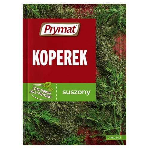 Czerwono-zielone opakowanie Prymat Koper suszony. Produkt opisany jako zioło i przyprawa o pełnym aromacie.