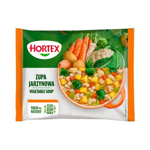 Hortex Zupa Jarzynowa w pomarańczowo-zielonym opakowaniu. Na opakowaniu grafika świeżych warzyw i miski z zupą.
