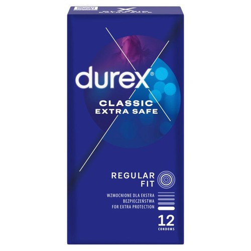 Durex Classic Extra Safe, 12 prezerwatyw. Opakowanie w kolorze niebieskim.