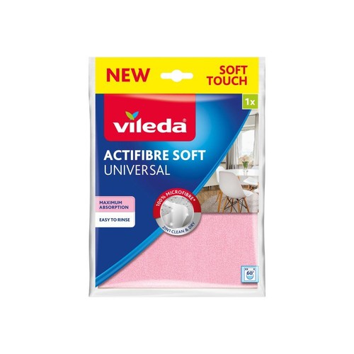 Opakowanie ściereczki Vileda Actifibre Soft Universal. Różowa, z mikrofibry, zapewnia maksymalną absorpcję.