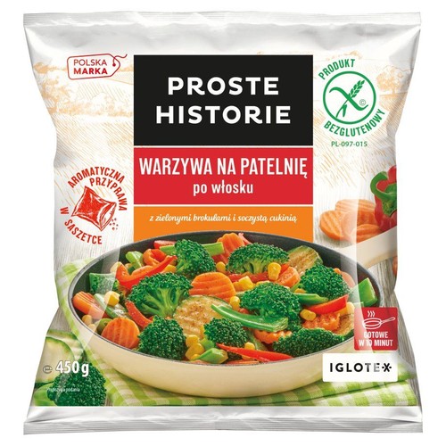 Mieszanka warzyw Proste Historie po włosku, 450g. Zawiera brokuły, cukinię, marchew. Bezglutenowe, z przyprawą, gotowe w 10 minut.