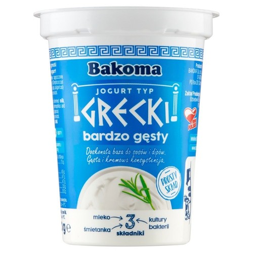 Opakowanie jogurtu Bakoma Typ Grecki, bardzo gęsty. Etykieta informuje o gęstej konsystencji i prostym składzie.