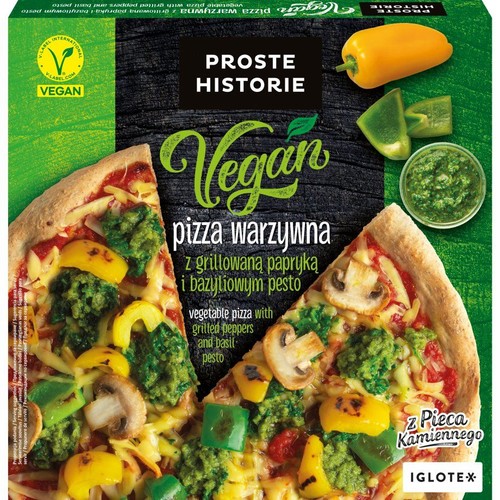 PROSTE HISTORIE Vegan pizza warzywna z grillowaną papryką i bazyliowym pesto. Na opakowaniu widoczne kawałki pizzy z warzywami.