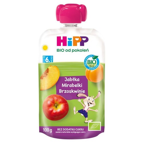 Saszetka HiPP BIO z musem owocowym: jabłka, mirabelki, brzoskwinie. 100g, od 6. miesiąca.