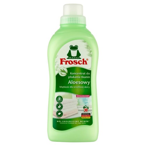 Zielony koncentrat do płukania tkanin Frosch Aloesowy. Hipoalergiczny, zapewnia miękkość dla wrażliwej skóry. Na 30 prań.
