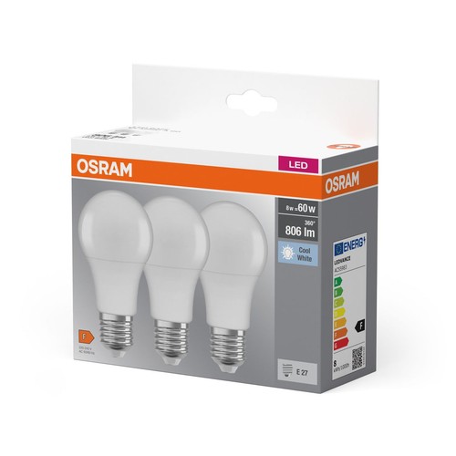 Opakowanie 3 żarówek LED OSRAM E27, 8W (60W), 806 lm, zimna biel. Klasa energetyczna F.