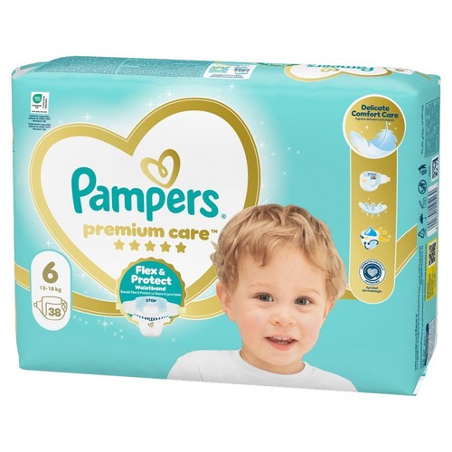 Pieluchy Pampers Premium Care, rozmiar 6 dla 13-18 kg, 38 sztuk. Na opakowaniu uśmiechnięte dziecko.