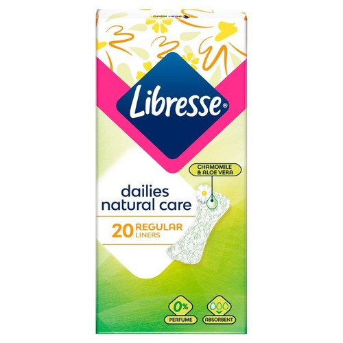 Opakowanie 20 wkładek Libresse dailies natural care. Z rumiankiem i aloesem, bez zapachu.