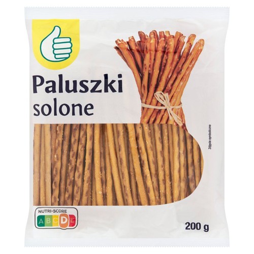 Biała torebka paluszków solonych 200 g. Na opakowaniu logo z zielonym kciukiem w górę oraz grafika związanych paluszków. Przezroczyste okienko pokazuje słone paluszki.