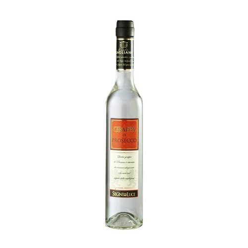 Butelka włoskiej Grappa di Prosecco, z czarną zakrętką i etykietą w kolorze pomarańczowym z napisem "Grappa di Prosecco". Na szyjce butelki widoczna jest czarna etykieta z nazwą "Caglian".