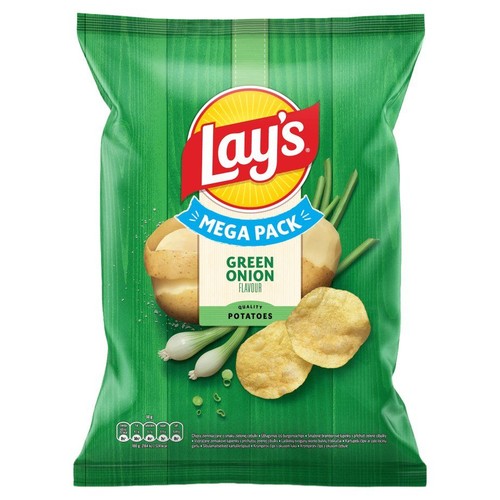 Opakowanie chipsów Lay's o smaku zielonej cebulki. Zielona paczka z napisem "Mega Pack" i ilustracjami.