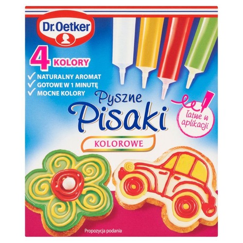 Dr. Oetker Pyszne Pisaki Kolorowe, zestaw 4 tubek do dekoracji wypieków. Pisaki mają mocne kolory i naturalny aromat, są łatwe w aplikacji. Na opakowaniu przykłady dekoracji: ciasteczka w kształcie kwiatka i samochodu.