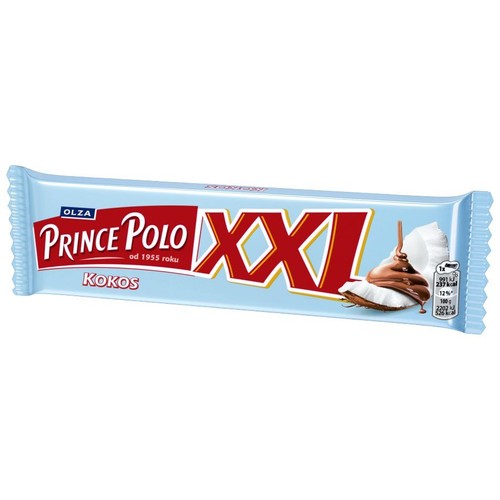 Baton waflowy Prince Polo XXL Kokos w jasnoniebieskim opakowaniu. Na etykiecie widoczna nazwa produktu, napis 'od 1955 roku' oraz grafika przedstawiająca kawałki kokosa polane czekoladą.