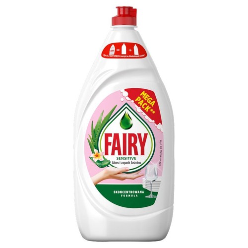 Butelka płynu do mycia naczyń Fairy Sensitive Aloes i Jaśmin. Opakowanie 1.2 litra, skoncentrowana formuła.