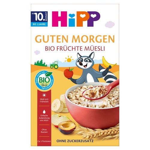HiPP Guten Morgen Bio Früchte Müsli dla dzieci od 10 miesiąca. Bez dodatku cukru, ok. 5 porcji. Idealne na śniadanie.