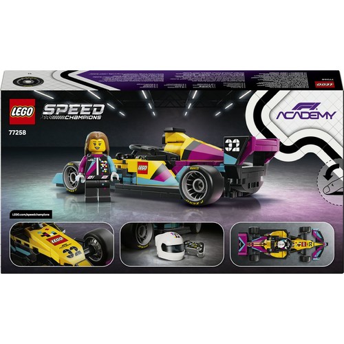 Klocki LEGO Speed Champions 77258: model bolidu F1 w żywych kolorach żółtym, fioletowym i niebieskim, z numerem 32. Do zestawu dołączona jest figurka kierowcy wyścigowego. Poniżej mniejsze zdjęcia kasku, pilota i widoku z góry.