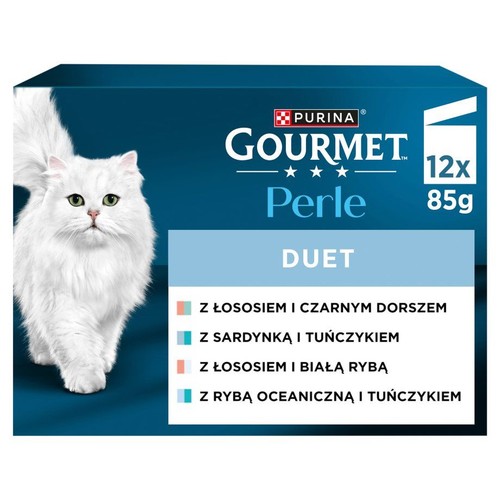 Karma dla kotów Purina Gourmet Perle Duet w opakowaniu 12x 85g. Zestaw zawiera smaki: łosoś i czarny dorsz, sardynka i tuńczyk, łosoś i biała ryba, ryba oceaniczna i tuńczyk. Na froncie opakowania znajduje się grafika białego kota.