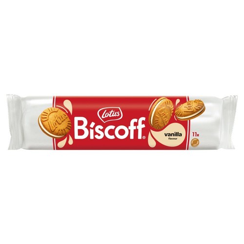 Produkt: ciastka Lotus Biscoff o smaku waniliowym w opakowaniu. Na etykiecie grafiki ciastek i informacja o 11 sztukach.