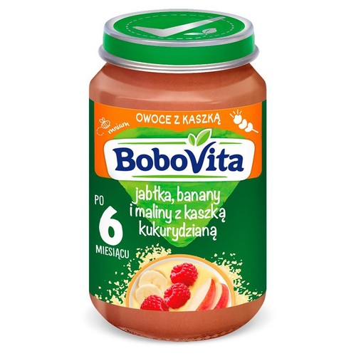 Jabłka, banany i maliny z kaszą kukurydzianą po 6. miesiącu Bobovita 190 g 