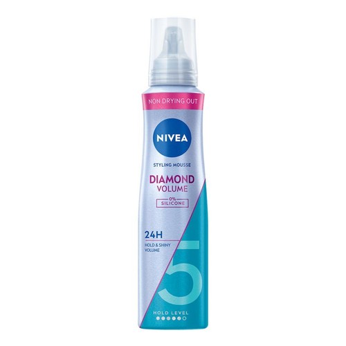 Pianka Nivea Diamond Volume, 0% silikonu, nie wysusza. Zapewnia 24h utrwalenia i objętości, poziom 5.