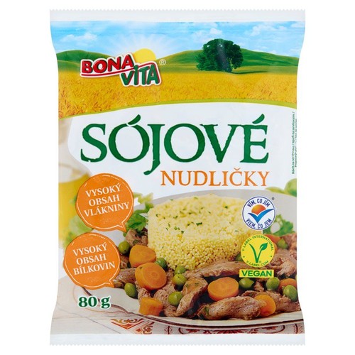 Opakowanie Bona Vita Makaron sojowy 80g. Produkt wegański, bogaty w błonnik i białko. Na opakowaniu grafika dania.