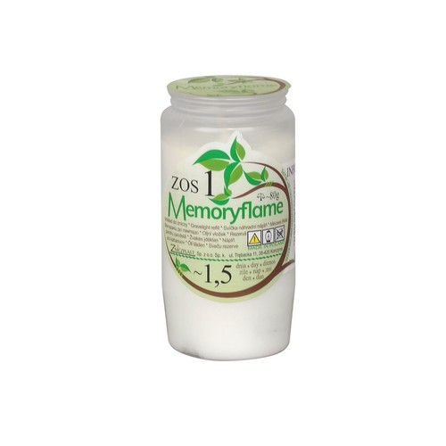 Przezroczysty, plastikowy pojemnik z białym wkładem do znicza Memoryflame. Etykieta z zielonymi liśćmi i napisem "zos 1 Memoryflame". Widoczne informacje o wadze 80g, czasie palenia 1,5 dnia oraz ostrzeżenia. Wyprodukowano w Polsce.