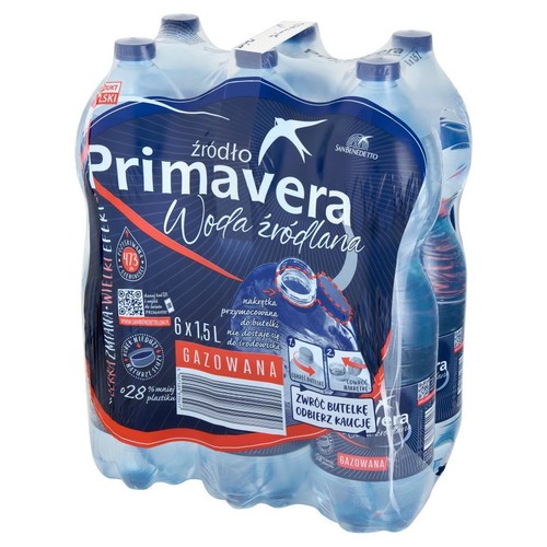 Woda gazowana Primavera w zgrzewce 6 butelek po 1,5 litra. Etykieta informuje o nakrętce przymocowanej do butelki.