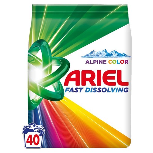 Opakowanie proszku do prania Ariel Alpine Color Fast Dissolving. Zielono-czerwono-żółta torba z logo Ariel i liczbą 40 prań.