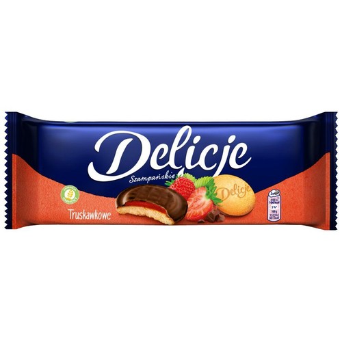 Biszkopty z galaretką truskawkową oblane czekoladą Delicje 147 g