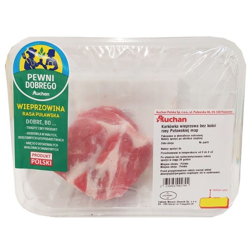 Karkówka wieprzowa bez kości rasy Puławskiej marki Auchan. Surowe mięso w przezroczystym opakowaniu. Produkt Polski.