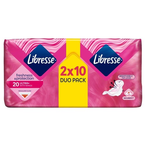 Libresse Duo Pack, 2x10 podpasek Ultra+ ze skrzydełkami, z oddychającą warstwą wierzchnią.